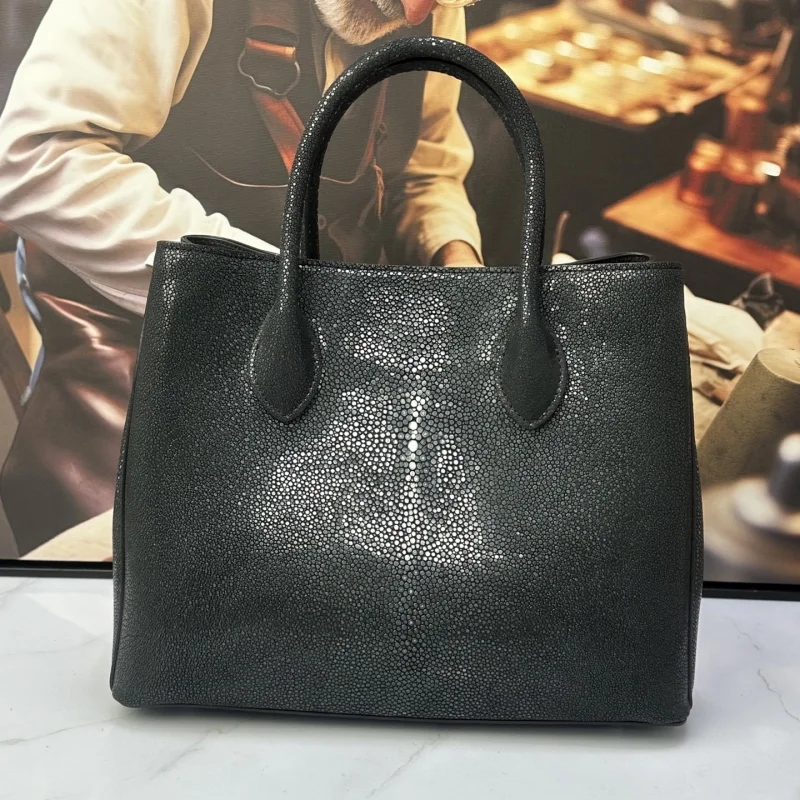 Authentic Real Stingray Skin OL Lady Classic Black Working Purse Genuine Exotic Leather Women Single Shoulder Bag Female Handbag