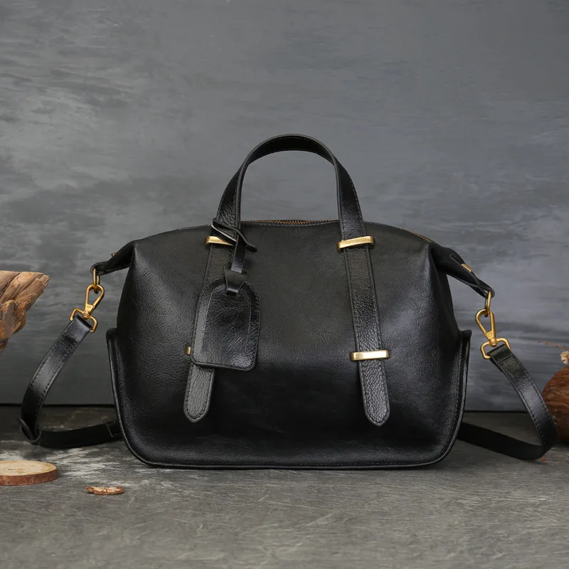 Johnature Vintage Solid Color Genuine Leather Handbag 2025 New Large Capacity Boston Women's Bag Casual Shoulder Bags
