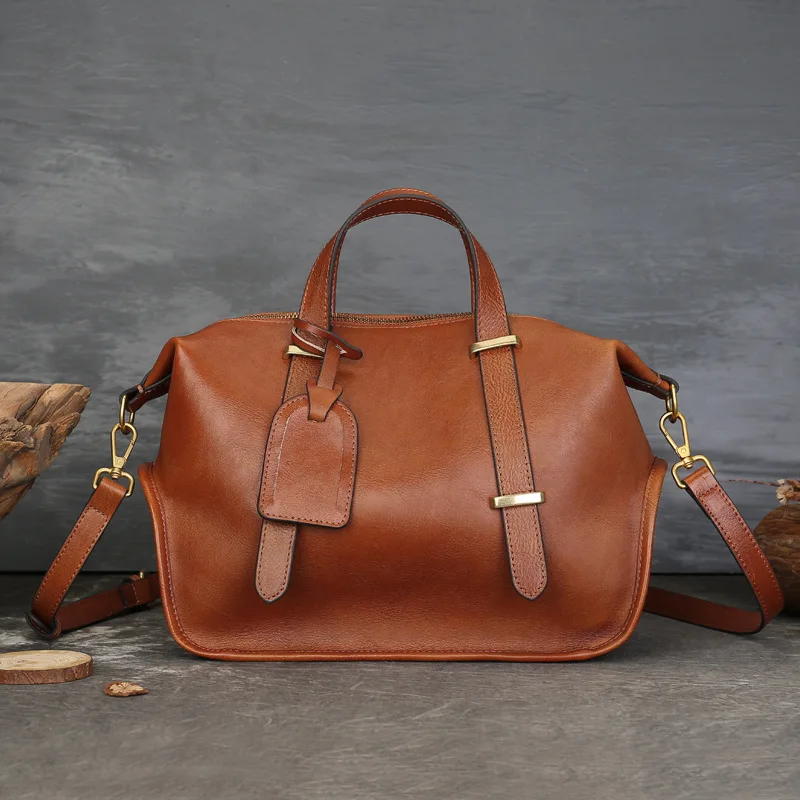 Johnature Vintage Solid Color Genuine Leather Handbag 2025 New Large Capacity Boston Women's Bag Casual Shoulder Bags